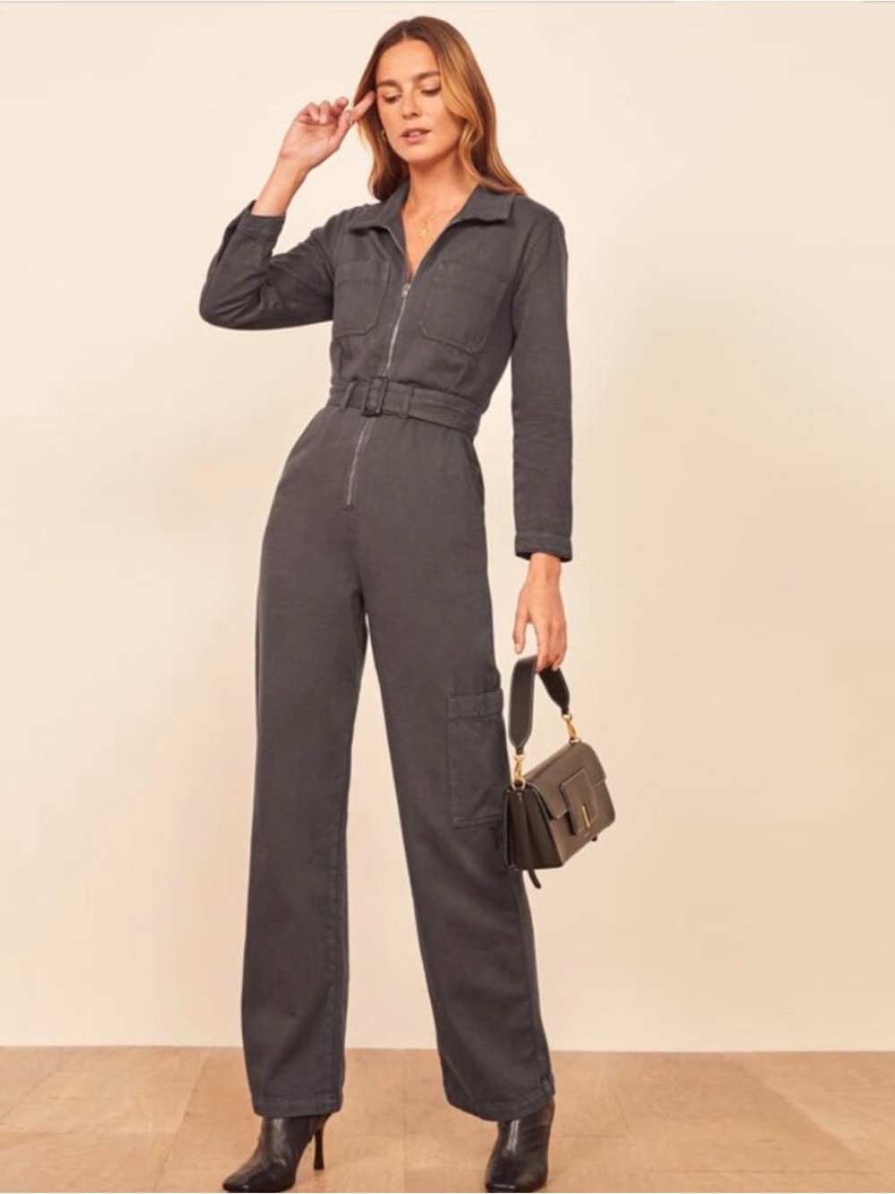 Reformation Charcoal Gray Utility Jumpsuit with Belt